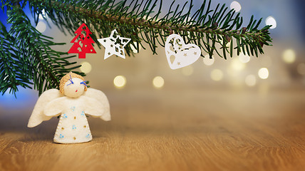 Image showing branch, felt angel and bokeh lights