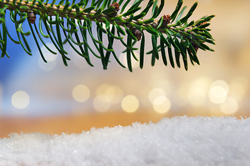 Image showing branch and artificial snow with bokeh lights