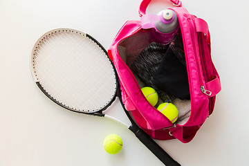 Image showing close up of tennis stuff and female sports bag