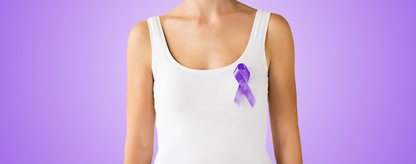 Image showing close up of woman with purple awareness ribbon