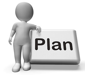 Image showing Plan Button With Character Shows Objectives Planning And Organiz