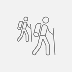 Image showing Tourist backpackers line icon.