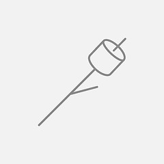 Image showing Marshmallow roasted on wooden stick line icon.