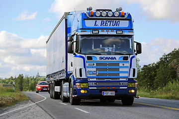 Image showing Scania 164L Semi Truck on the Road at Summer