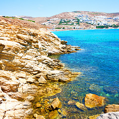 Image showing in greece the mykonos island rock sea and beach blue   sky