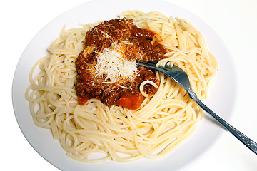 Image showing Spaghetti bolognese with fork