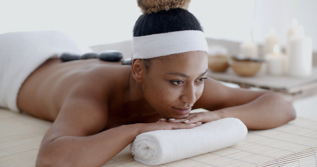 Image showing Woman Getting Hot Stones Massage At Spa