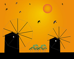 Image showing two mills birds and trees