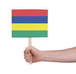 Image showing Hand holding small card - Flag of Mauritius