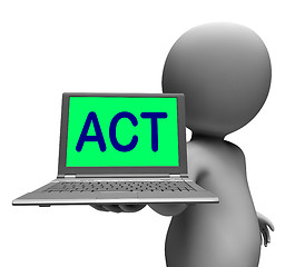 Image showing Act Laptop Character Shows Motivation Inspire Or Performing