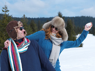 Image showing happy young couple having fun on fresh show on winter vacation