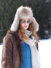 Image showing portrait of beautiful young redhair woman in snow scenery