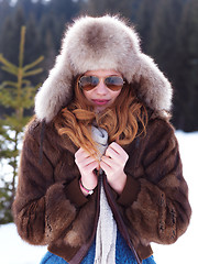 Image showing portrait of beautiful young redhair woman in snow scenery