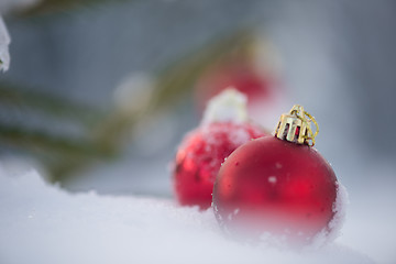 Image showing red christmas balls in fresh snow