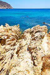 Image showing in greece the mykonos island rock   beach blue    