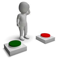 Image showing Choice Of Pushing Buttons 3d Character Showing Indecision