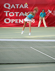 Image showing Wozniacki serves during Qatar Open 2008