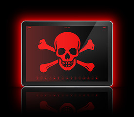 Image showing Digital tablet with a pirate symbol on screen. Hacking concept