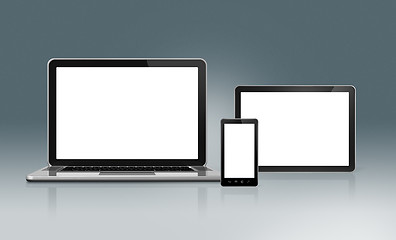 Image showing High Tech Laptop, mobile phone and tablet pc