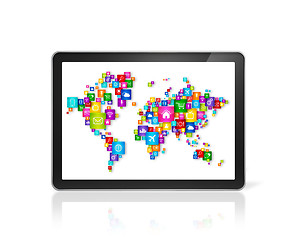 Image showing World map made of icons on digital Tablet PC. Cloud computing co