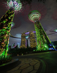 Image showing Bold Green Lights from the Towers of Gardens by the Bay in Singa