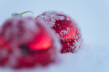 Image showing red christmas ball in fresh snow