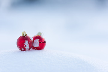 Image showing red christmas balls in fresh snow