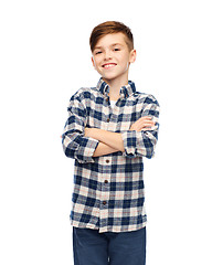 Image showing smiling boy in checkered shirt and jeans