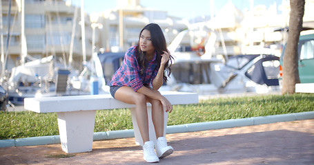 Image showing Happy Brunette Girl In Marina Port