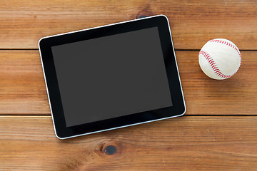 Image showing close up of baseball ball and tablet pc on wood