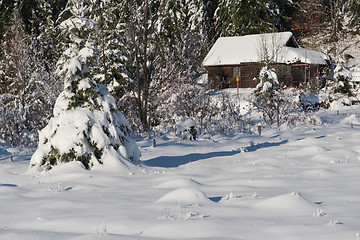 Image showing small wooden  cabin in wildernes covered with fresh snow