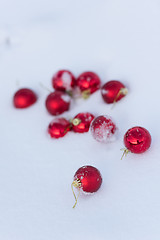 Image showing red christmas balls in fresh snow