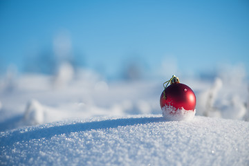 Image showing red christmas ball in fresh snow