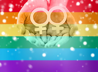 Image showing close up of lesbian couple hands with venus symbol