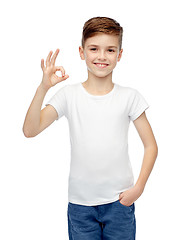 Image showing happy boy in white t-shirt showing ok hand sign