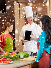 Image showing happy women with chef and tablet pc in kitchen