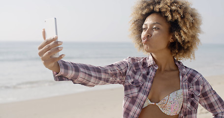 Image showing Beach Young Girl Taking Selfie With Smartphone.