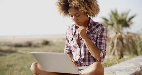 Image showing Girl Working With A Laptop Outdoors