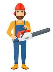 Image showing Cheerful lumberjack with chainsaw.