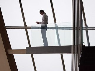 Image showing young successful business man in penthouse apartment working on 