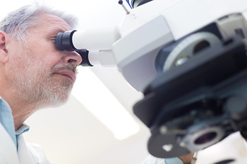 Image showing Senior scientist  microscoping in lab.