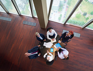 Image showing top view of business people group throwing dociments in air