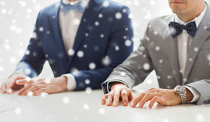 Image showing close up of happy male gay couple hands on wedding