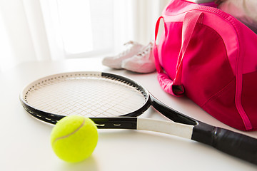 Image showing close up of tennis stuff and female sports bag
