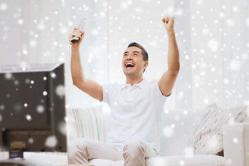 Image showing smiling man watching sports at home