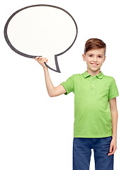 Image showing happy boy holding blank white text bubble banner