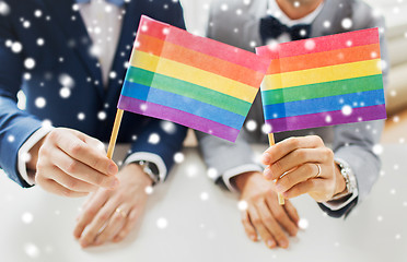 Image showing close up of male gay couple holding rainbow flags