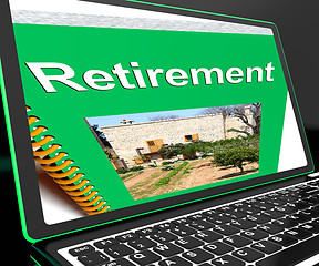 Image showing Retirement Book On Laptop Showing Pension Plans