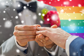 Image showing close up of male gay couple hands and wedding ring