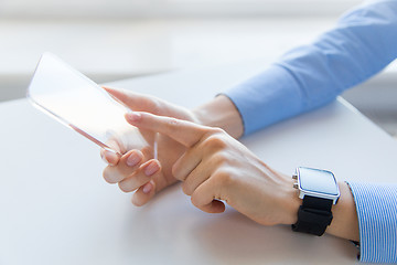 Image showing close up of hands with smart phone and watch